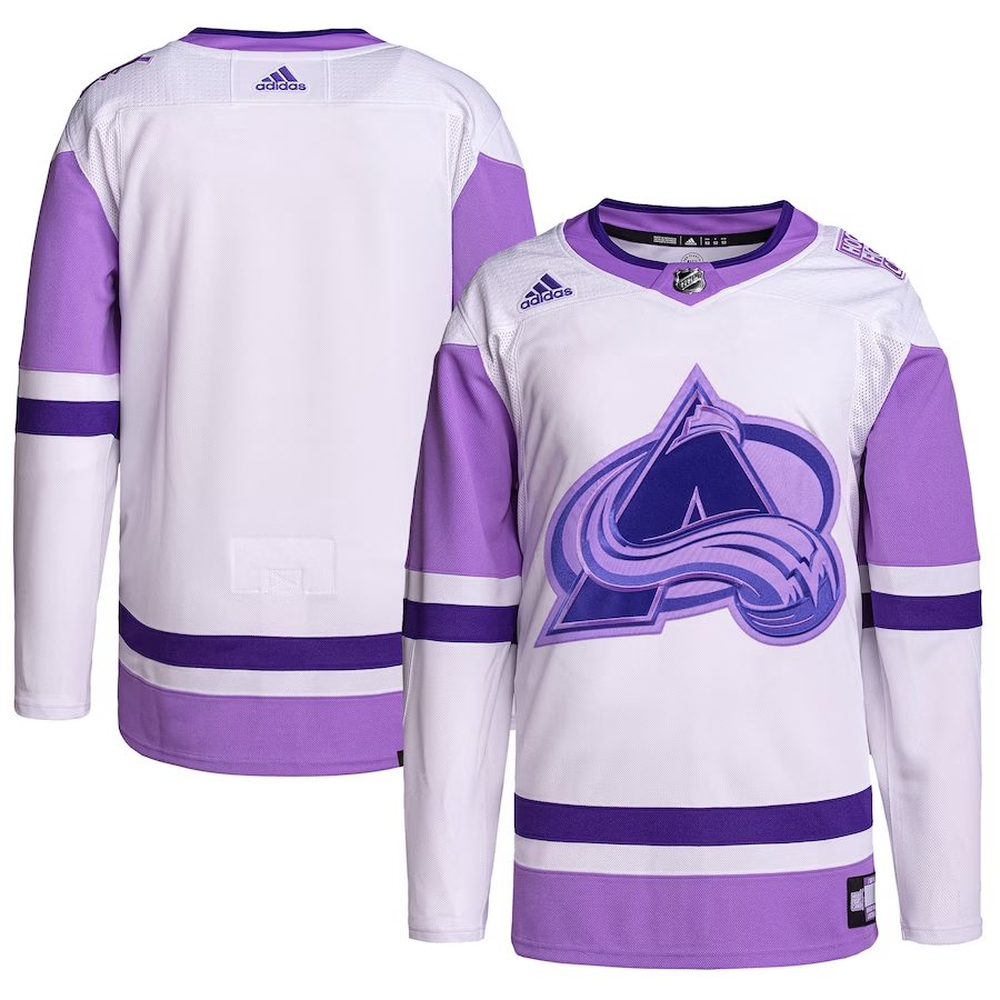 Men's Colorado Avalanche White/Purple Hockey Fights Cancer Primegreen Authentic Blank Practice Jerseys