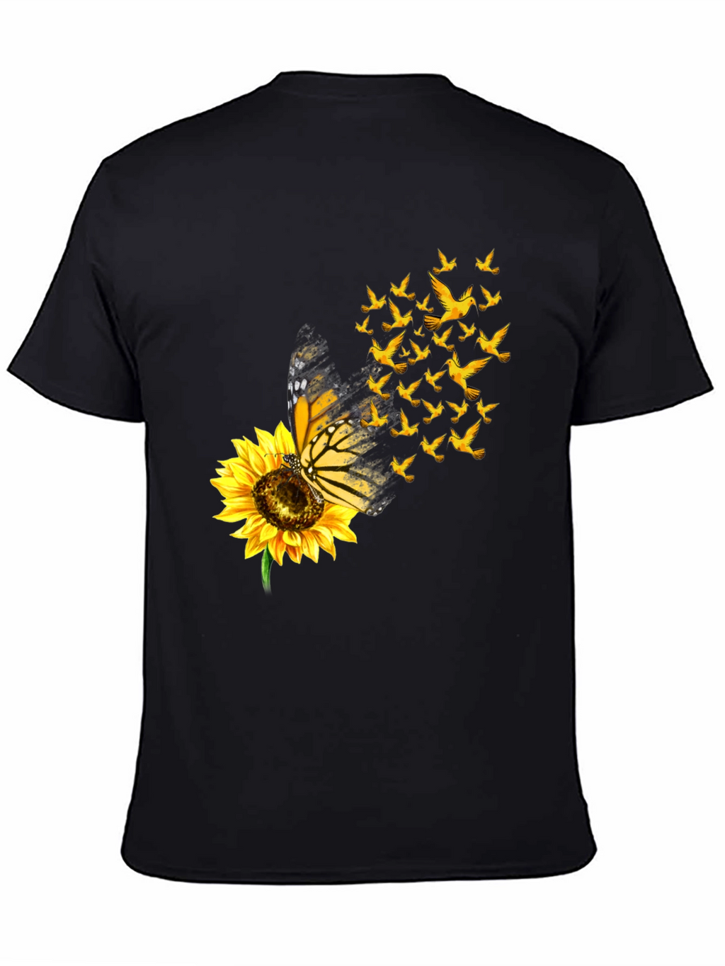 Butterfly Sunflower Bird Graphic Black T-Shirt