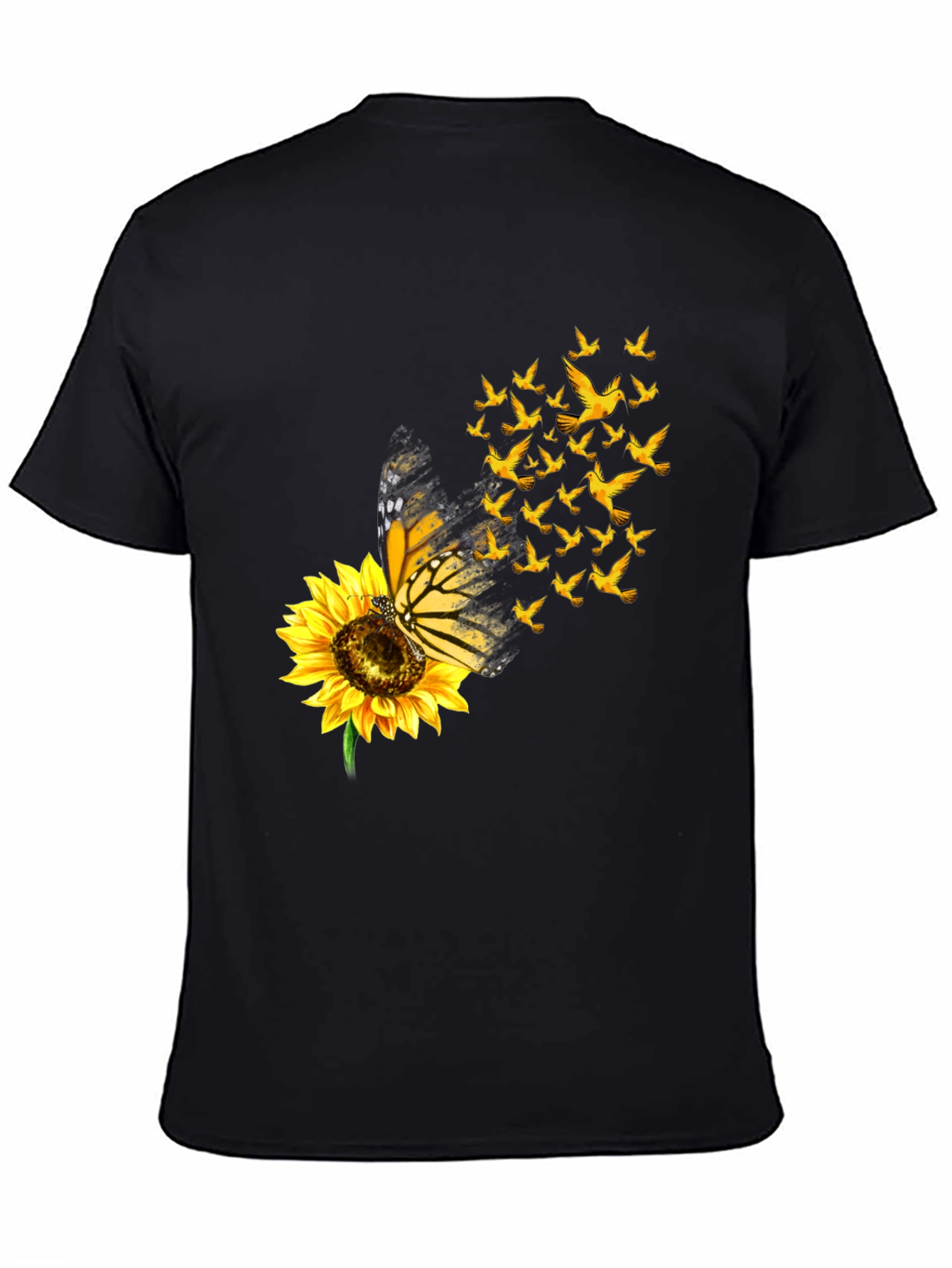 Butterfly Sunflower Bird Graphic Black T-Shirt