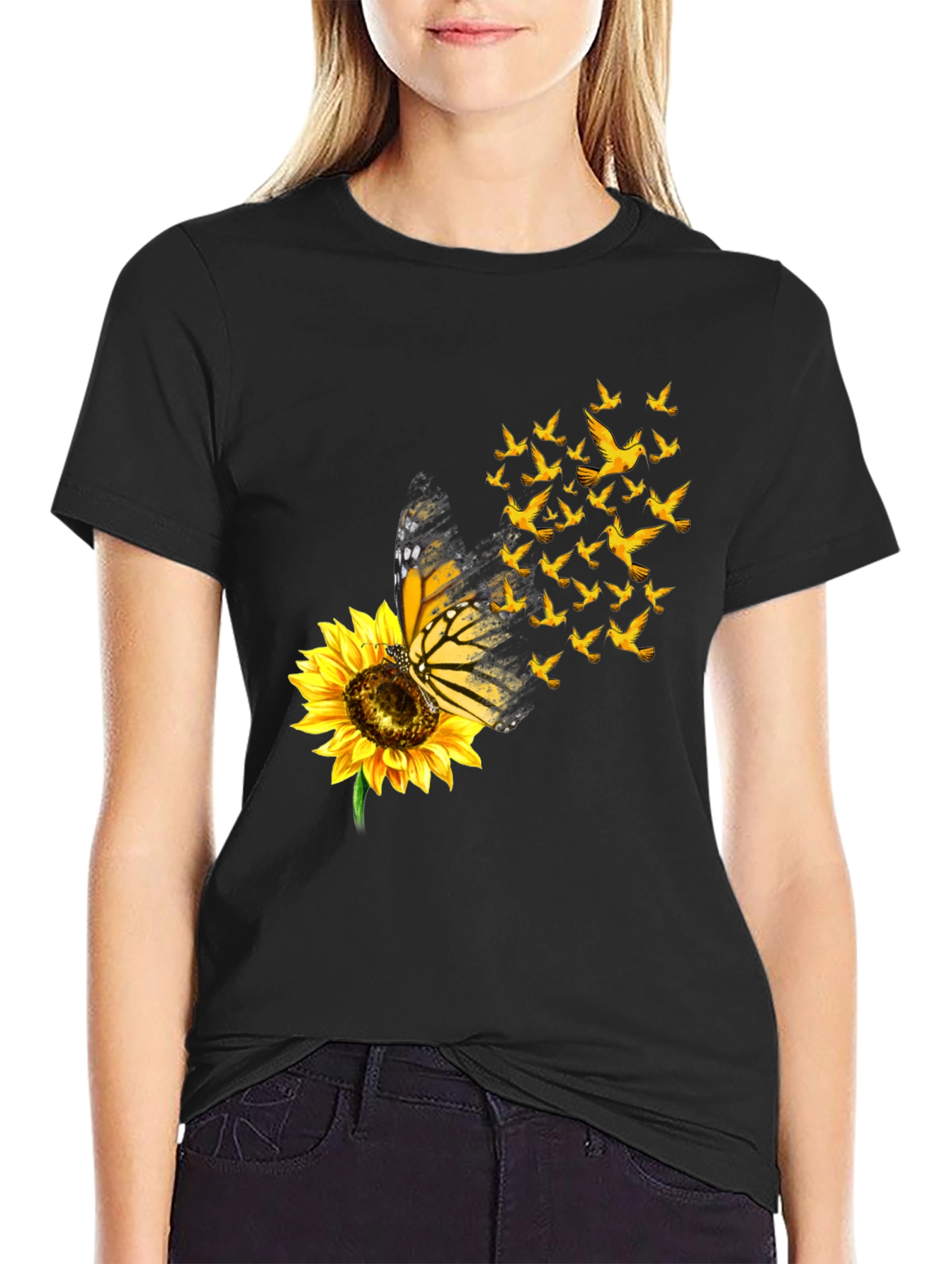 Butterfly Sunflower Bird Graphic Black T-Shirt