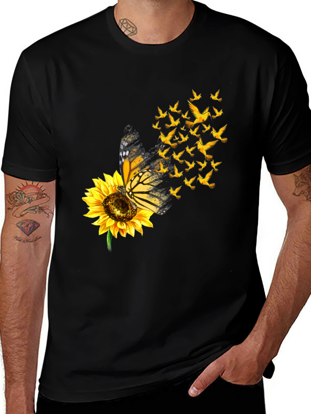 Butterfly Sunflower Bird Graphic Black T-Shirt