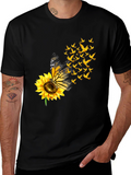 Butterfly Sunflower Bird Graphic Black T-Shirt