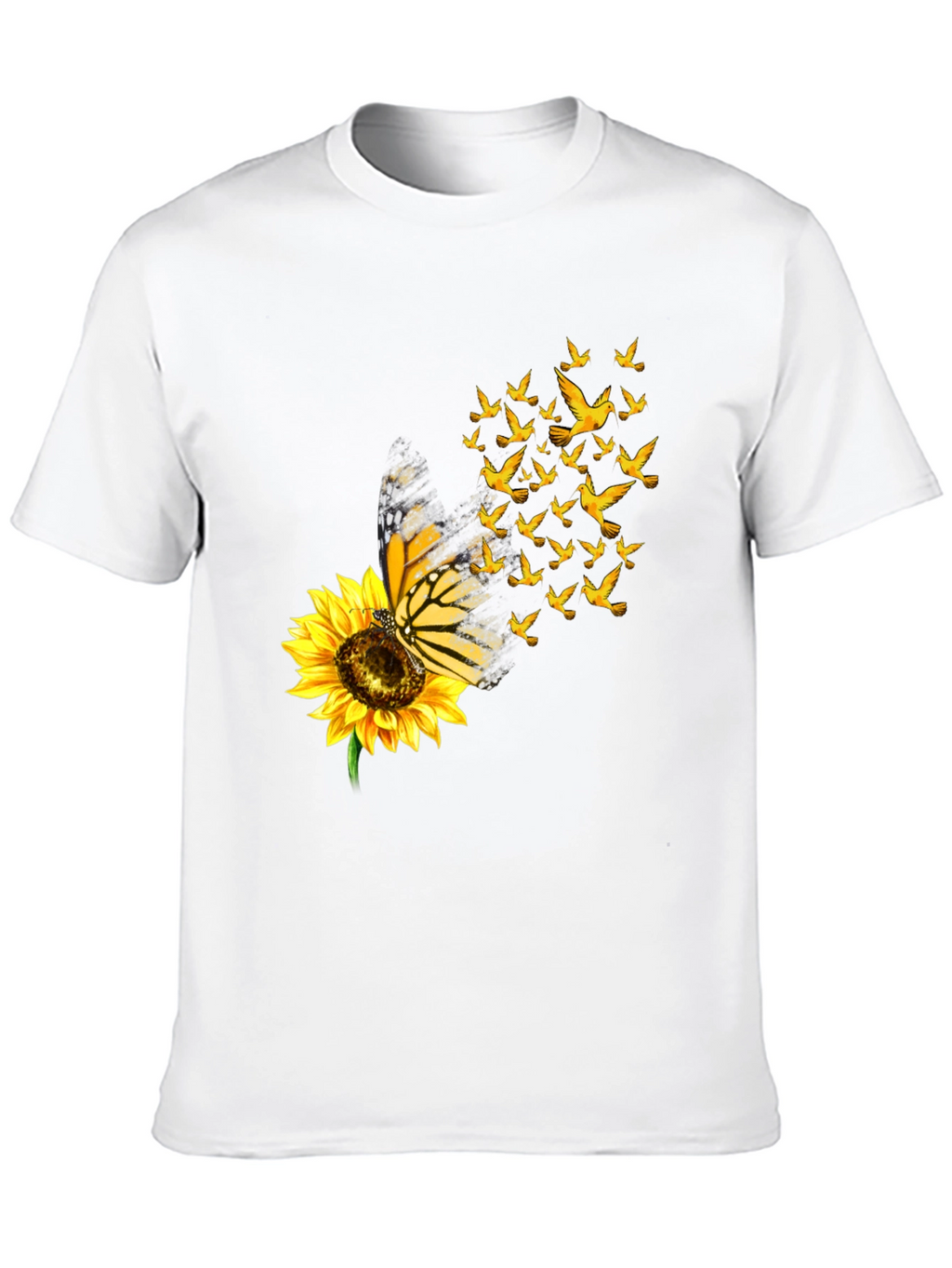 Butterfly Sunflower Bird Graphic Black T-Shirt
