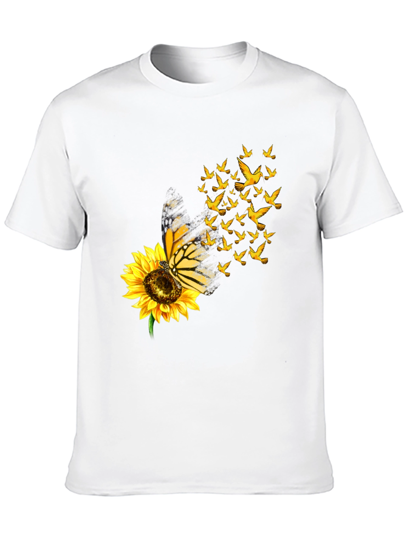 Butterfly Sunflower Bird Graphic Black T-Shirt