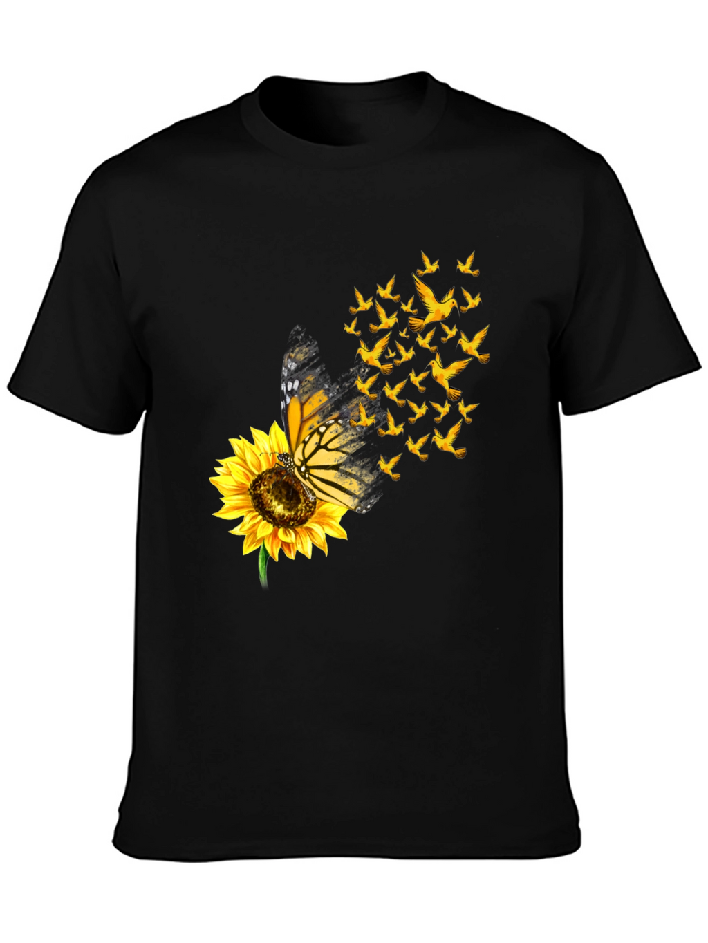 Butterfly Sunflower Bird Graphic Black T-Shirt