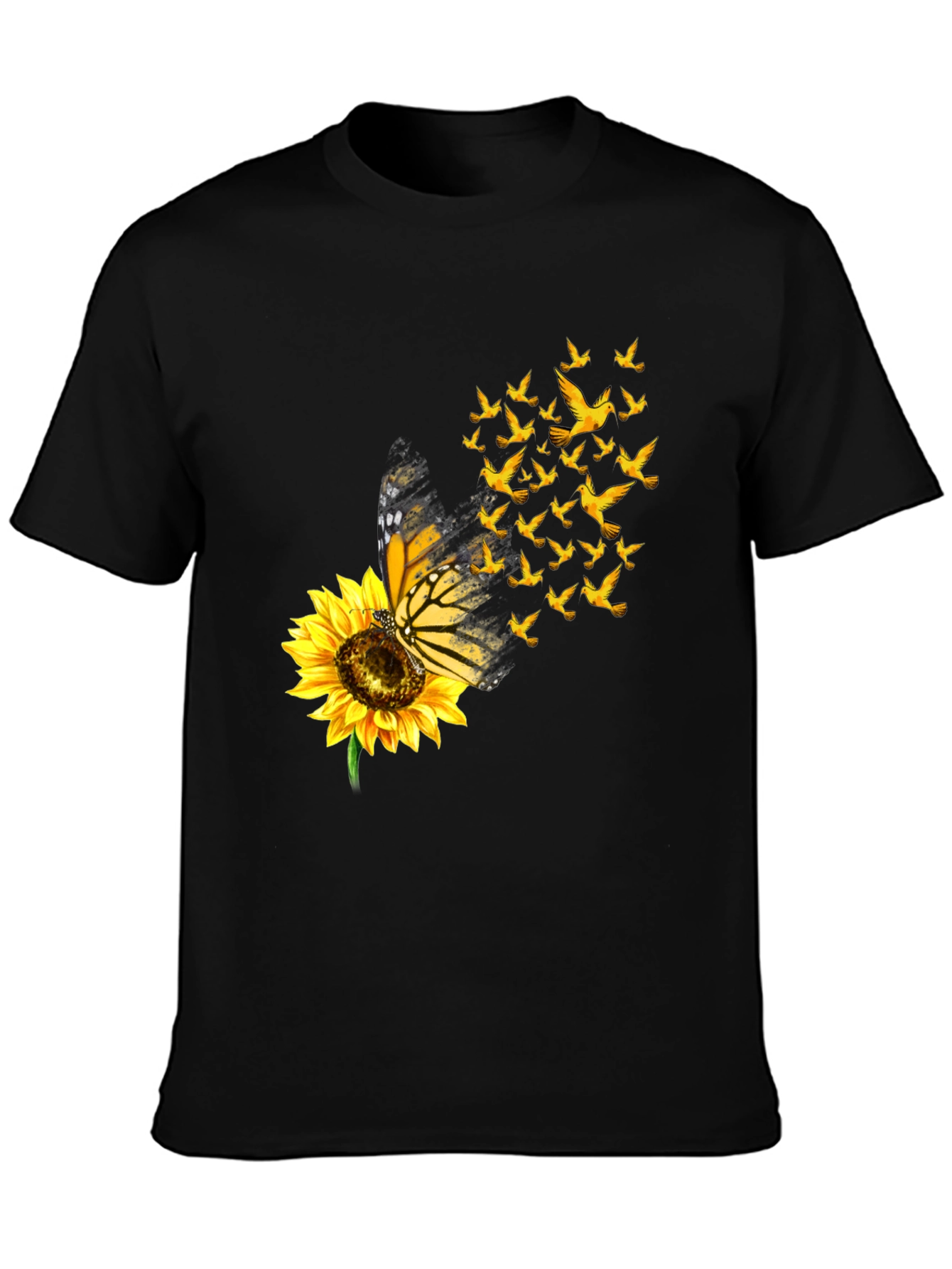 Butterfly Sunflower Bird Graphic Black T-Shirt