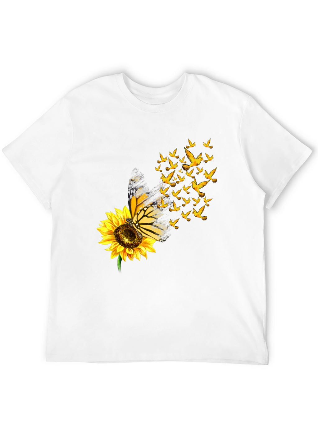 Butterfly Sunflower Bird Graphic Black T-Shirt