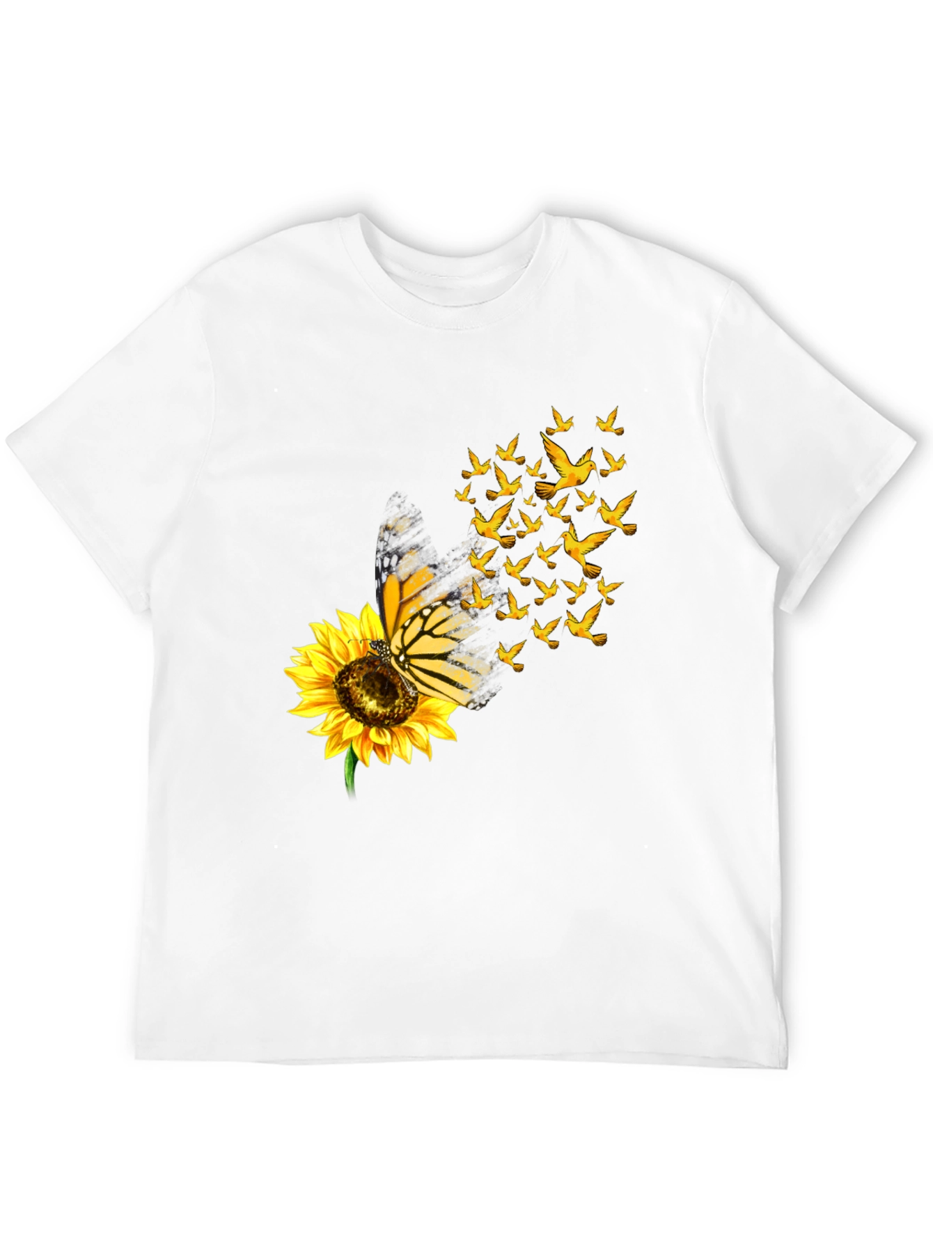 Butterfly Sunflower Bird Graphic Black T-Shirt