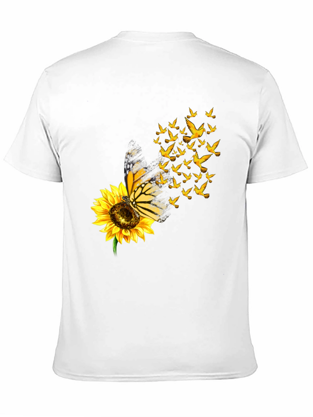 Butterfly Sunflower Bird Graphic Black T-Shirt