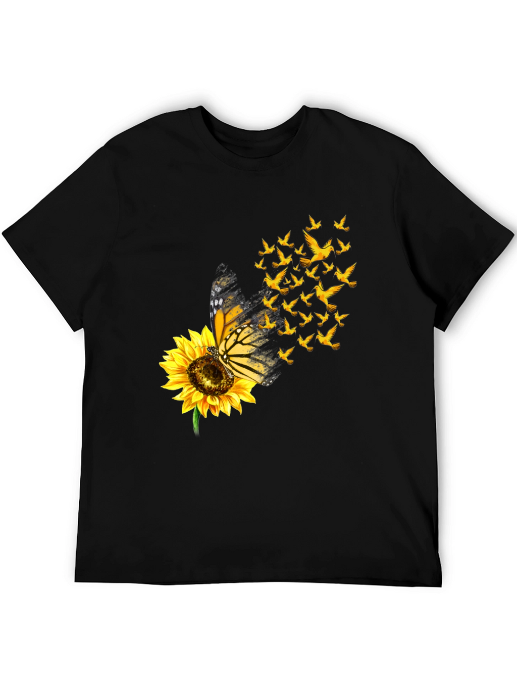 Butterfly Sunflower Bird Graphic Black T-Shirt