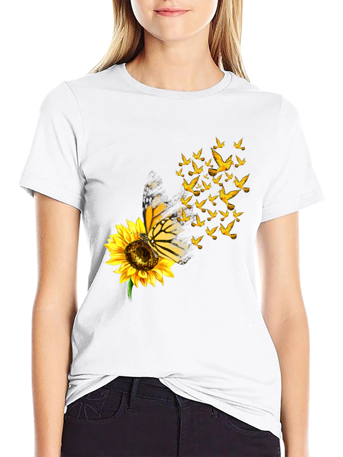 Butterfly Sunflower Bird Graphic Black T-Shirt
