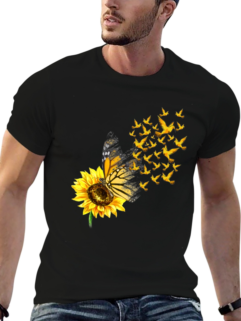 Butterfly Sunflower Bird Graphic Black T-Shirt