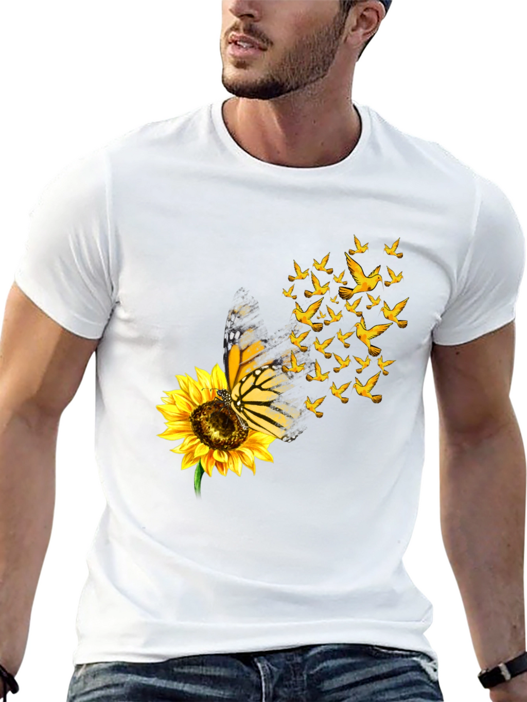 Butterfly Sunflower Bird Graphic Black T-Shirt