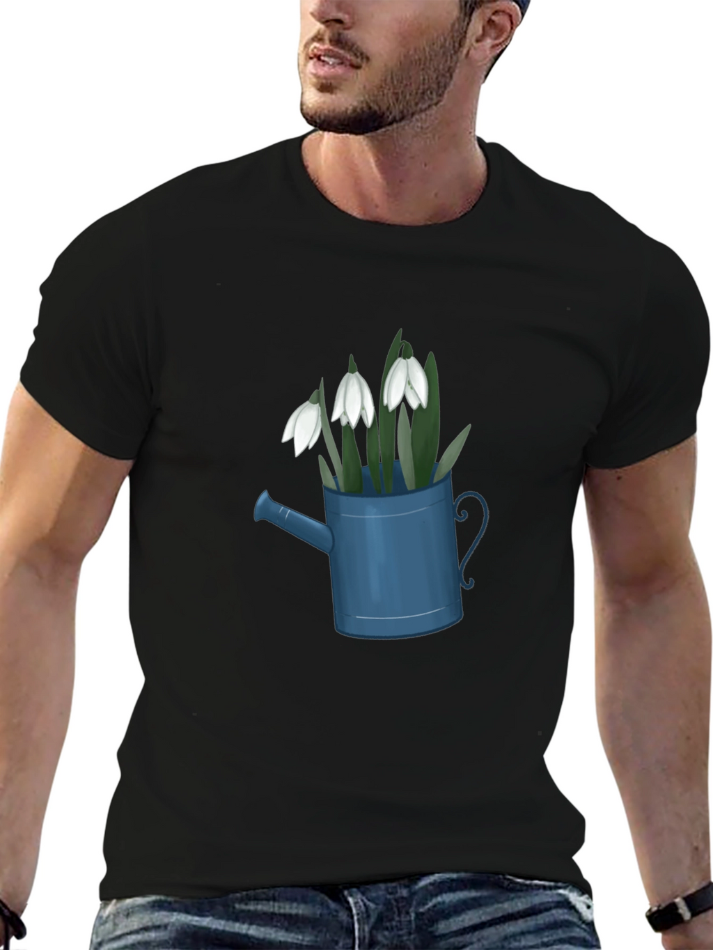 Snowdrop Flowers in Watering Can Black T-Shirt