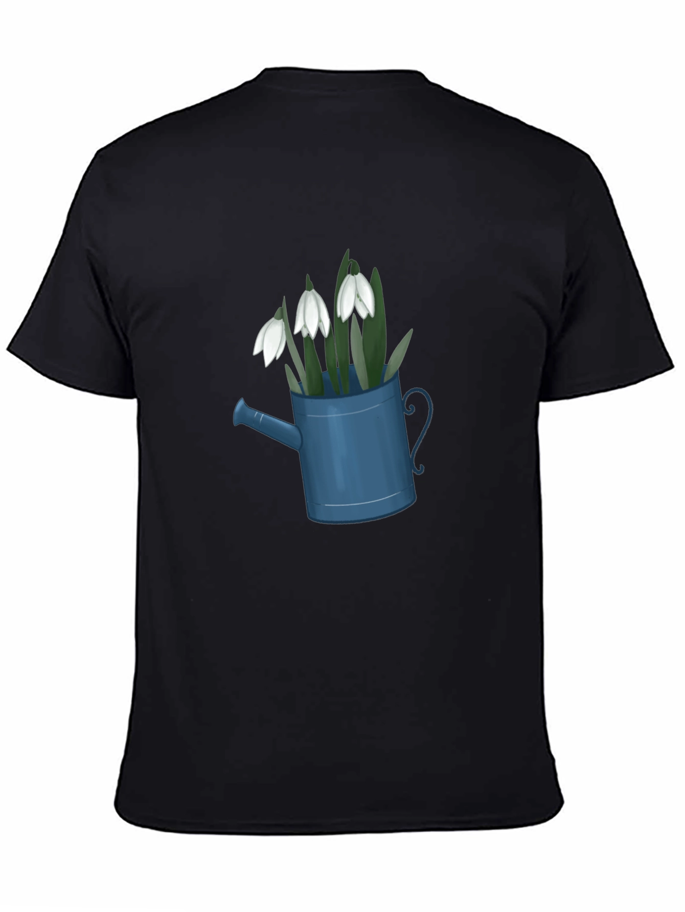 Snowdrop Flowers in Watering Can Black T-Shirt