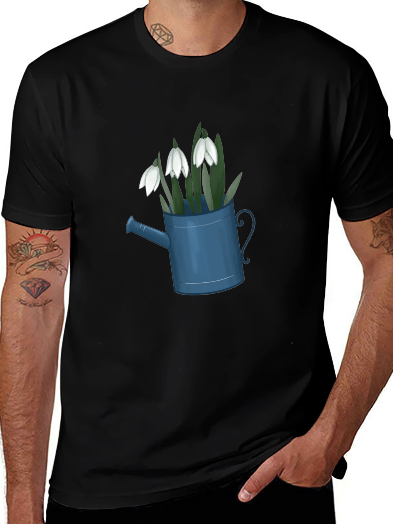 Snowdrop Flowers in Watering Can Black T-Shirt