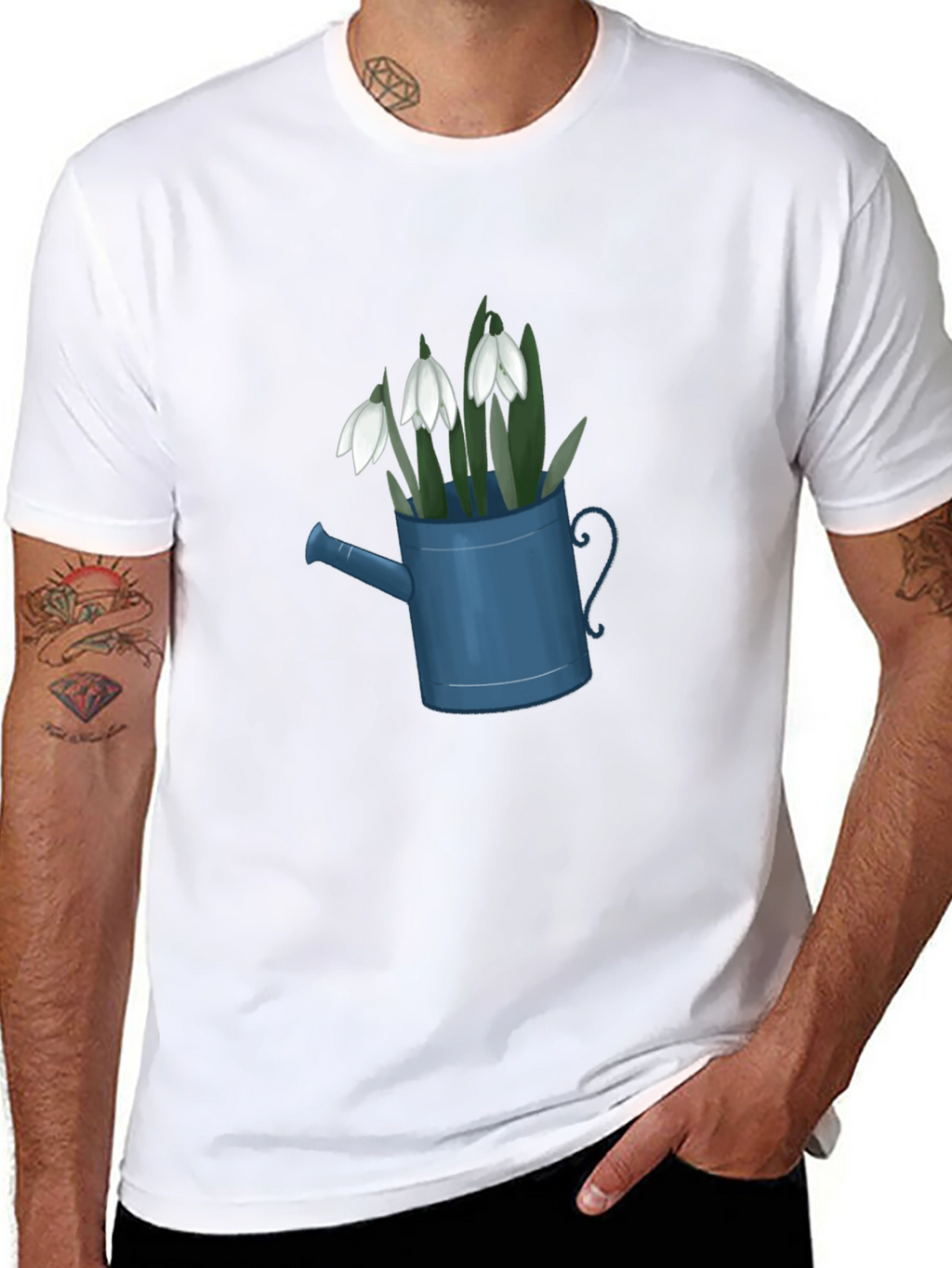Snowdrop Flowers in Watering Can Black T-Shirt