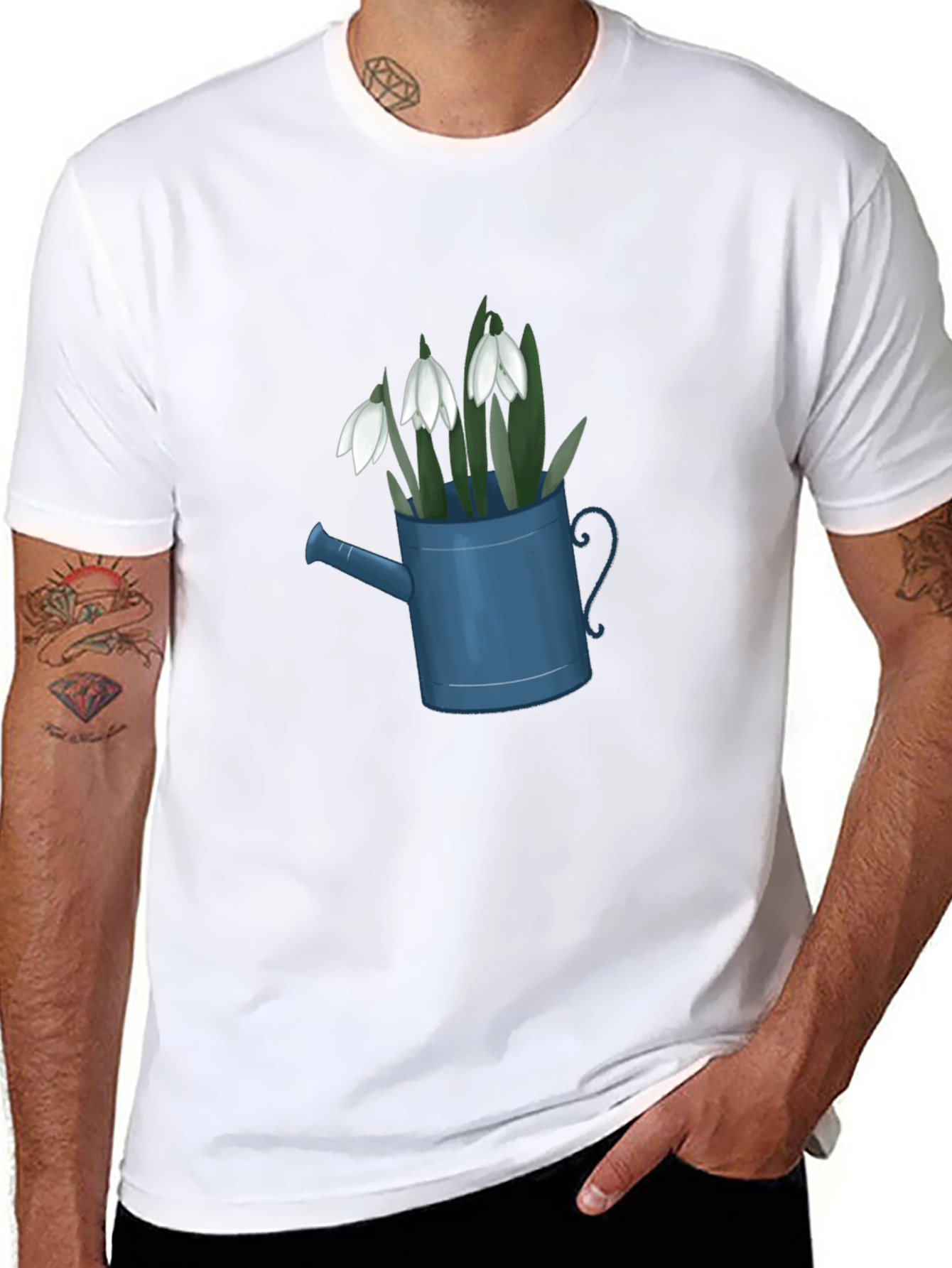 Snowdrop Flowers in Watering Can Black T-Shirt