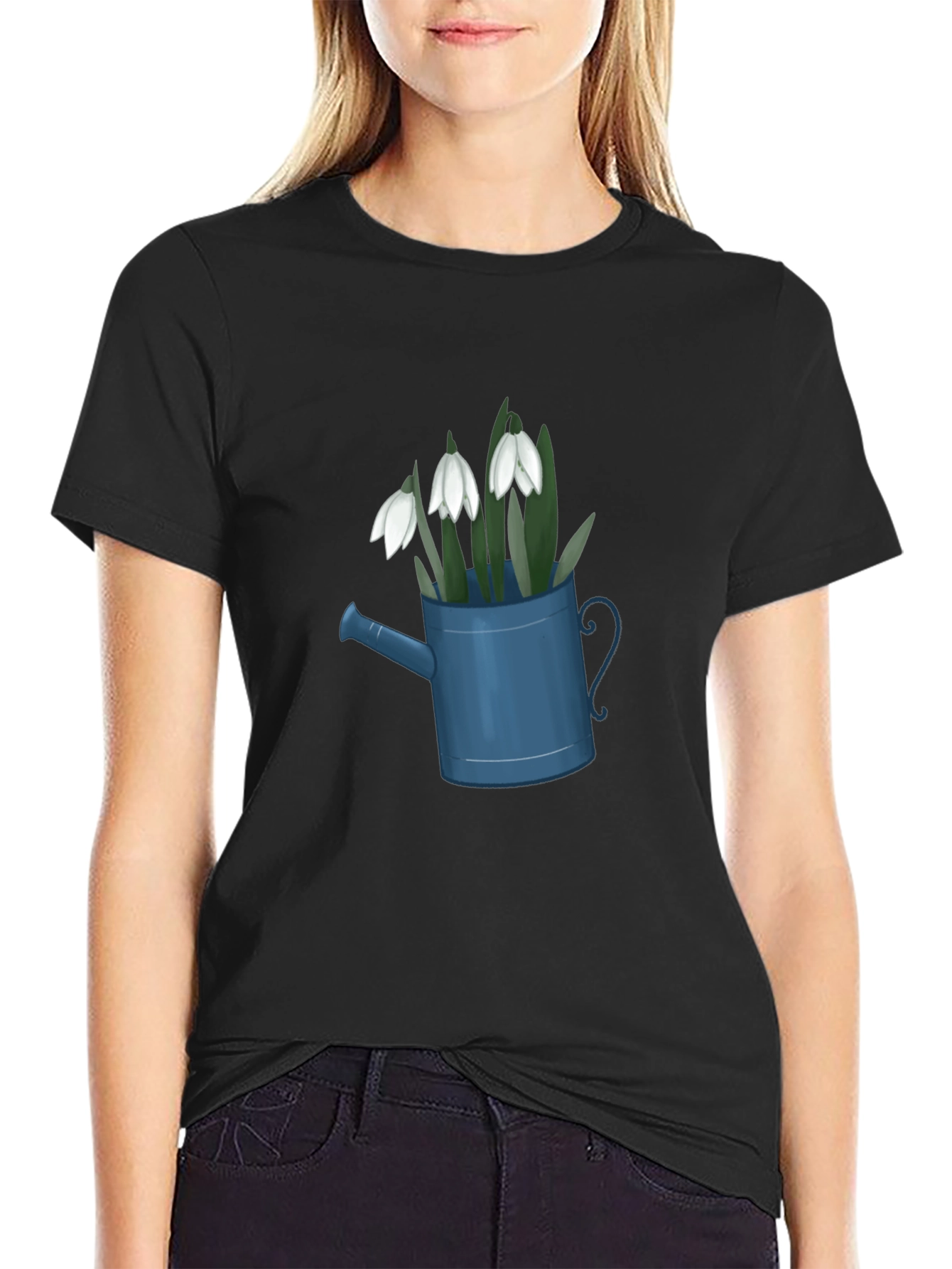 Snowdrop Flowers in Watering Can Black T-Shirt