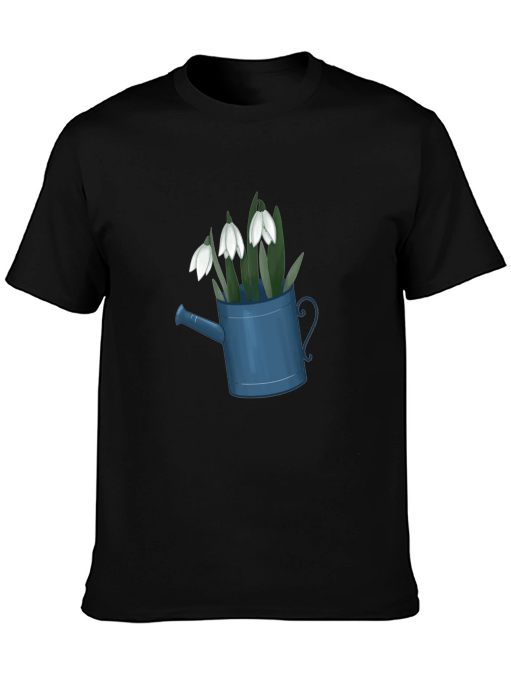 Snowdrop Flowers in Watering Can Black T-Shirt