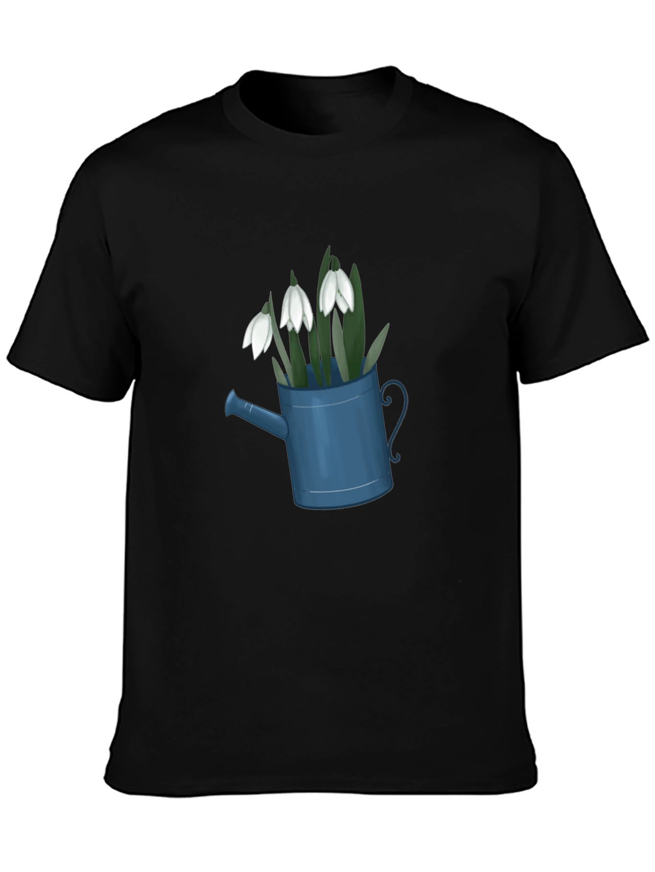 Snowdrop Flowers in Watering Can Black T-Shirt