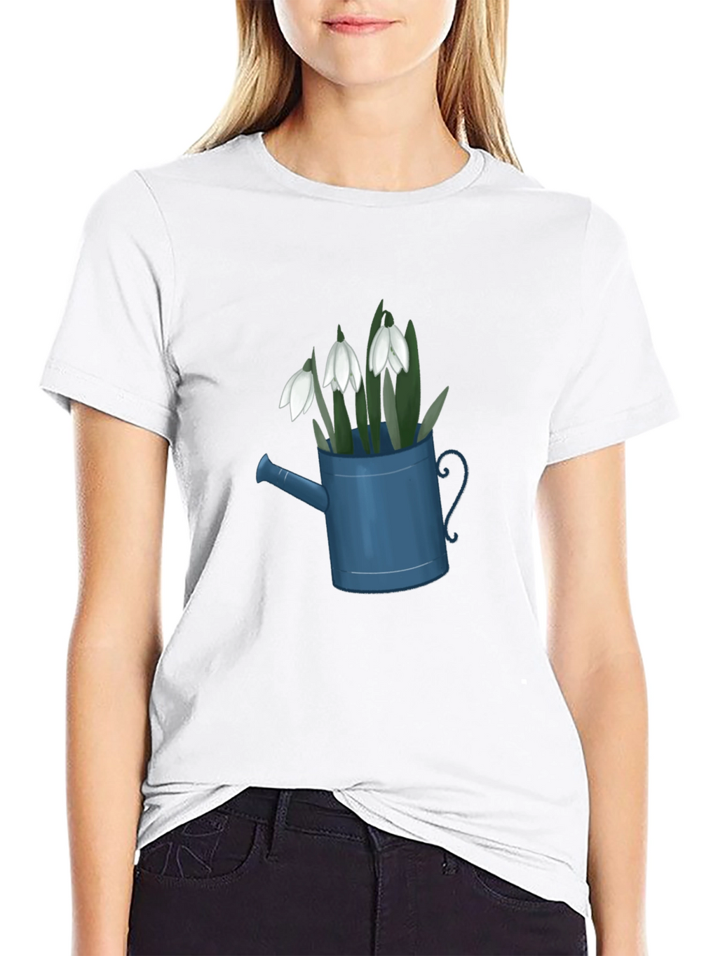 Snowdrop Flowers in Watering Can Black T-Shirt