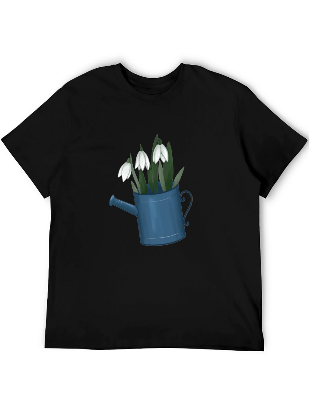 Snowdrop Flowers in Watering Can Black T-Shirt