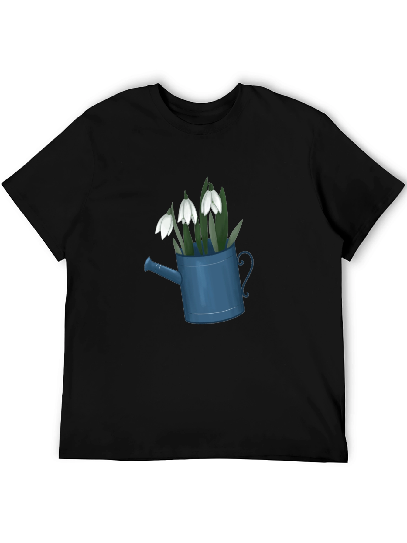 Snowdrop Flowers in Watering Can Black T-Shirt