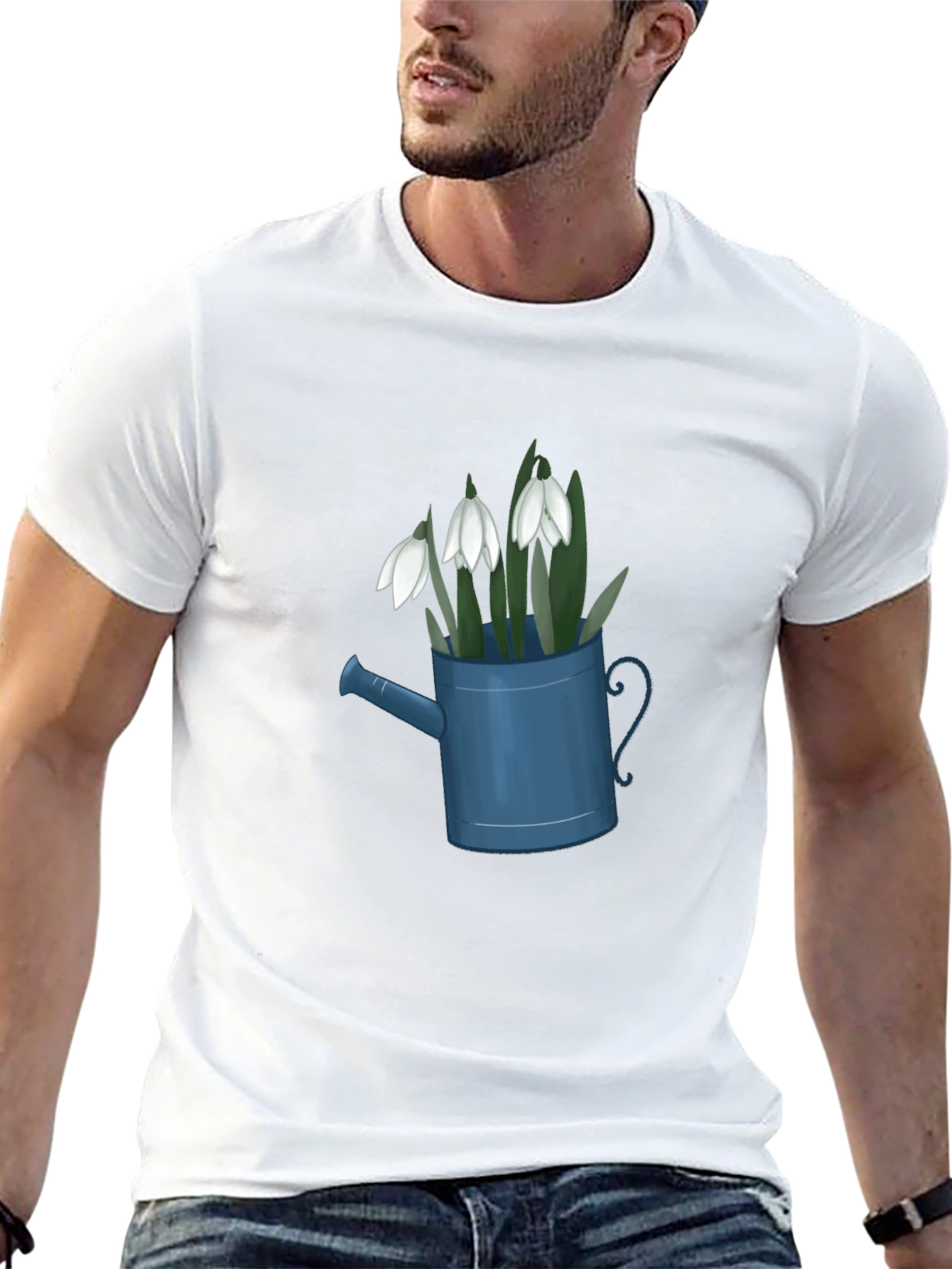 Snowdrop Flowers in Watering Can Black T-Shirt