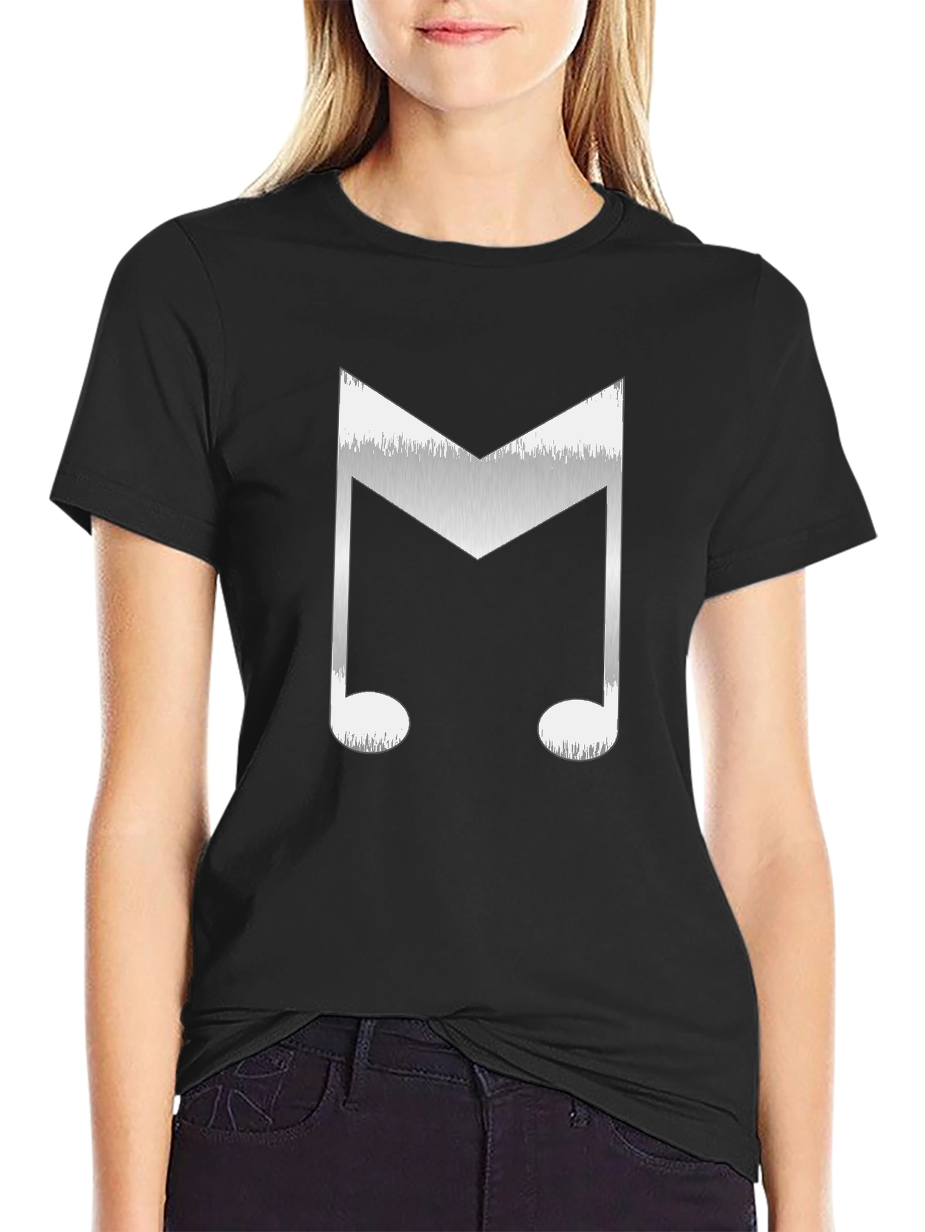 Music Note Letter M Graphic Tee - Black Cotton Blend