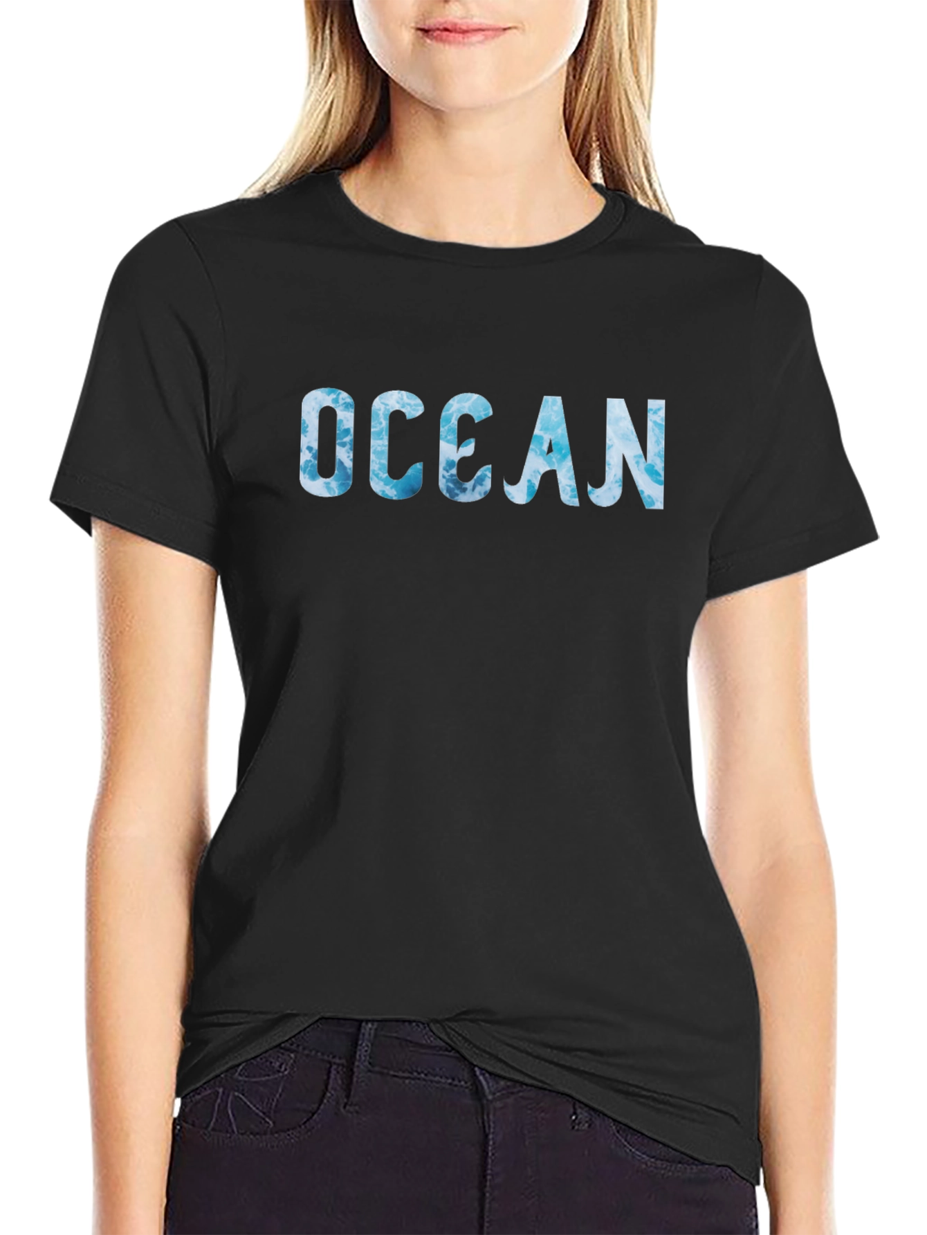 Ocean Wave Print Black T-Shirt
