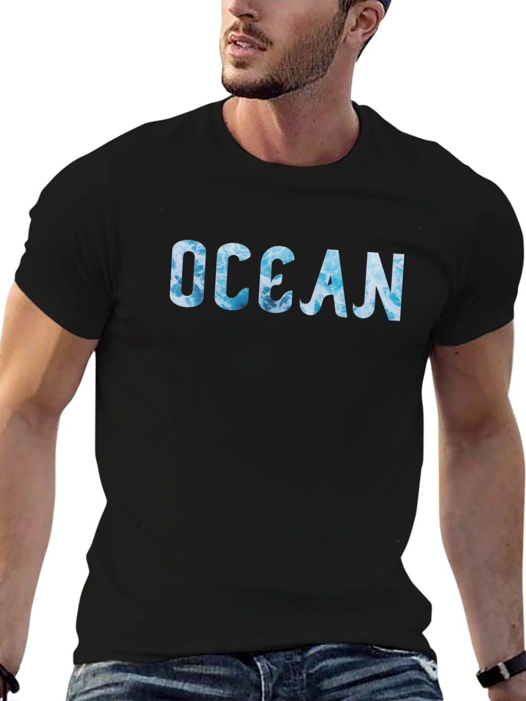 Ocean Wave Print Black T-Shirt