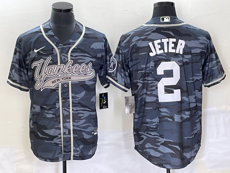 Men's New York Yankees Derek Jeter #2 Grey Camouflage Player Jerseys Joint Edition
