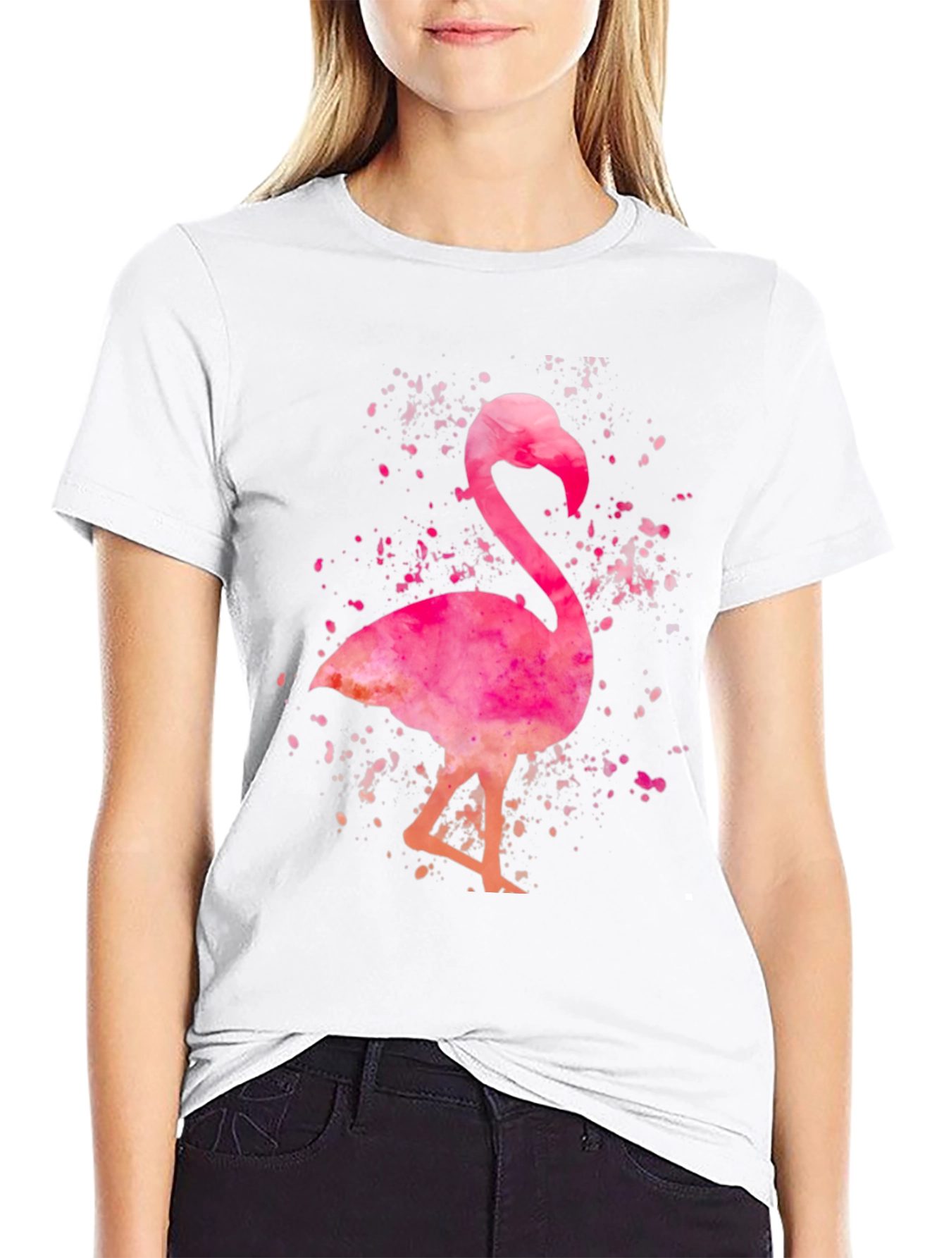 Watercolor Flamingo Graphic Tee - Black Cotton