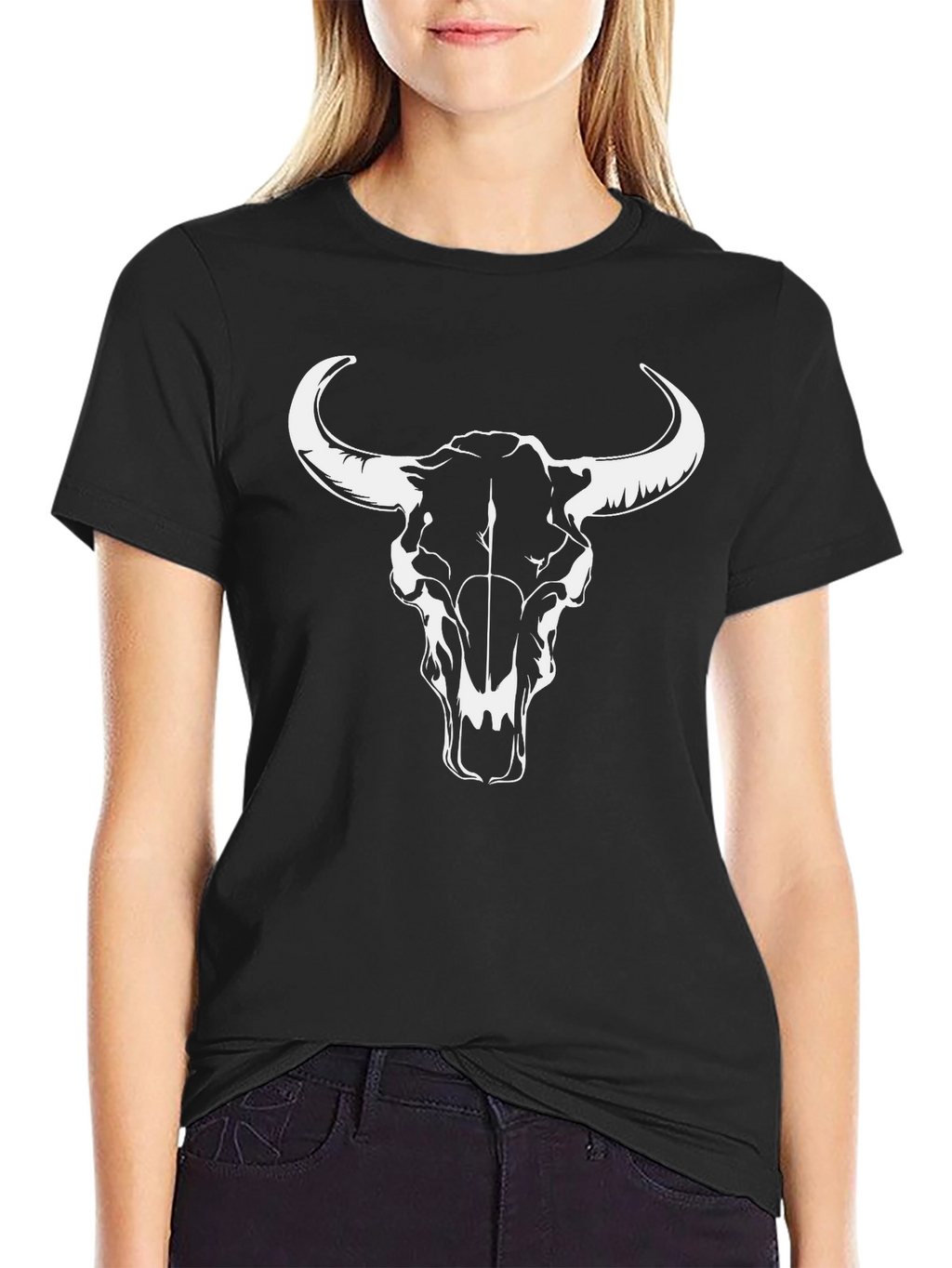 Black T-Shirt with Bull Skull Design