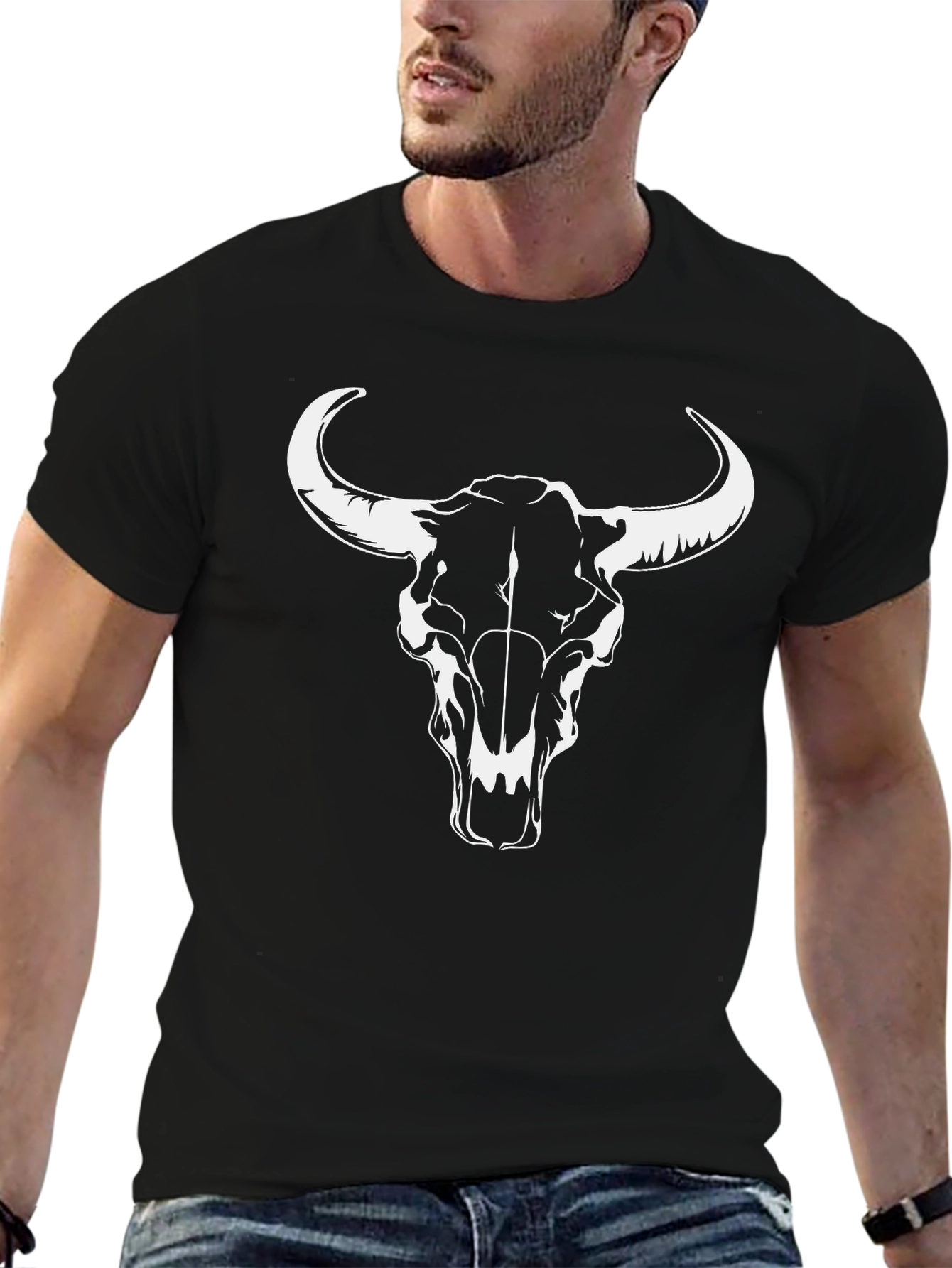 Black T-Shirt with Bull Skull Design