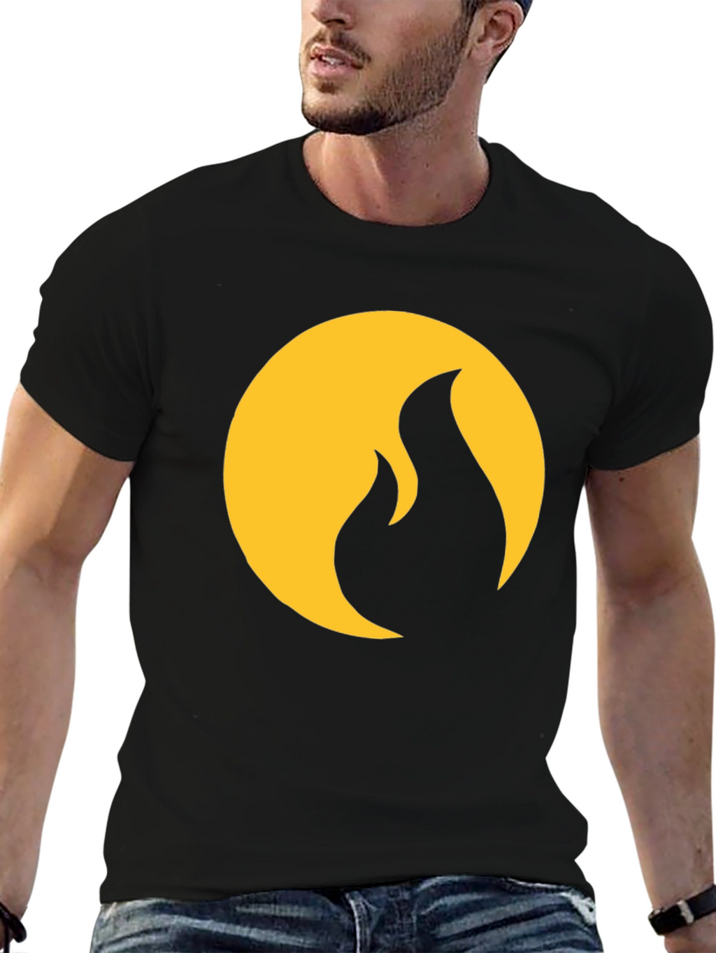 Black T-Shirt with Gold Flame Design