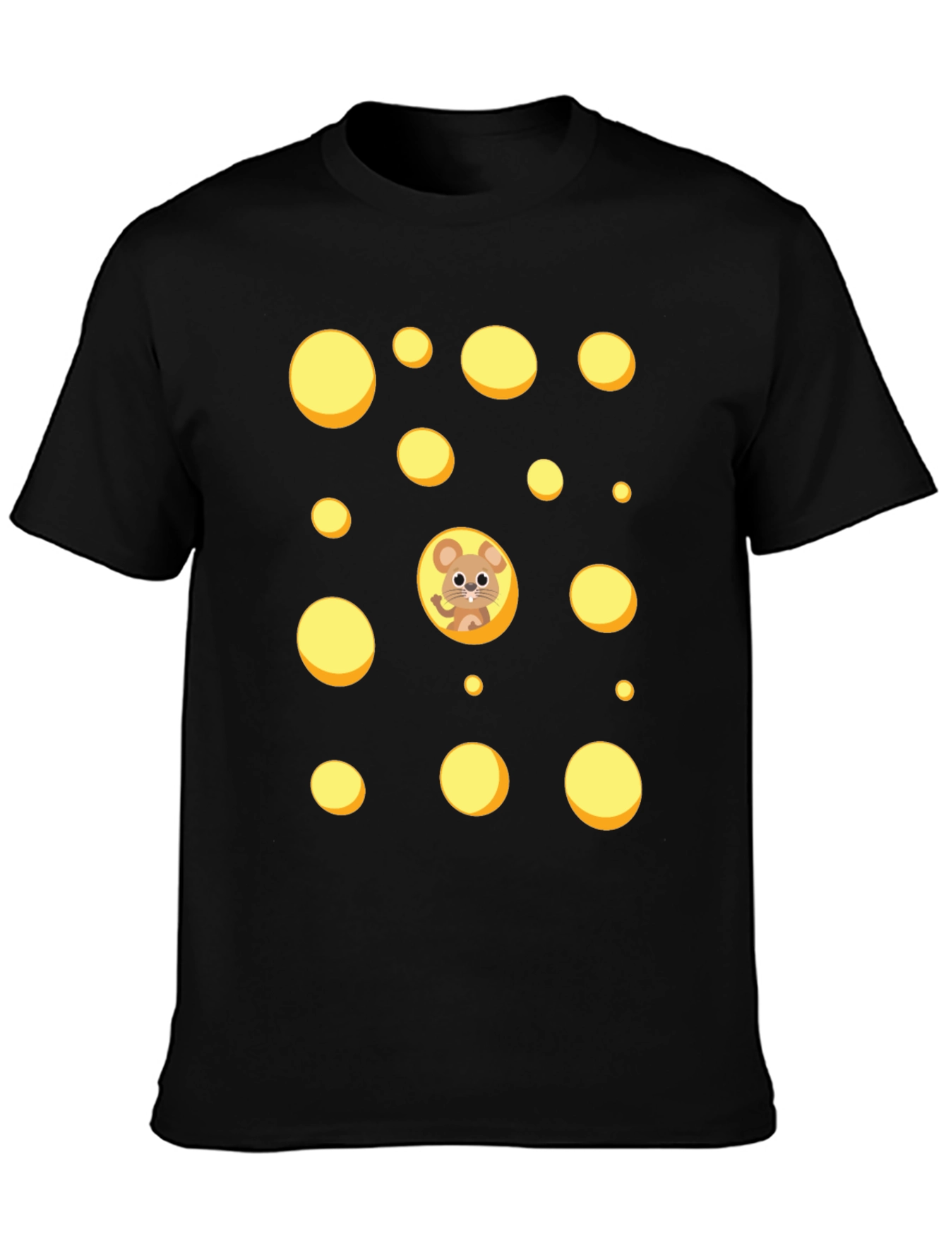 Cartoon Mouse & Swiss Cheese Holes Black T-Shirt