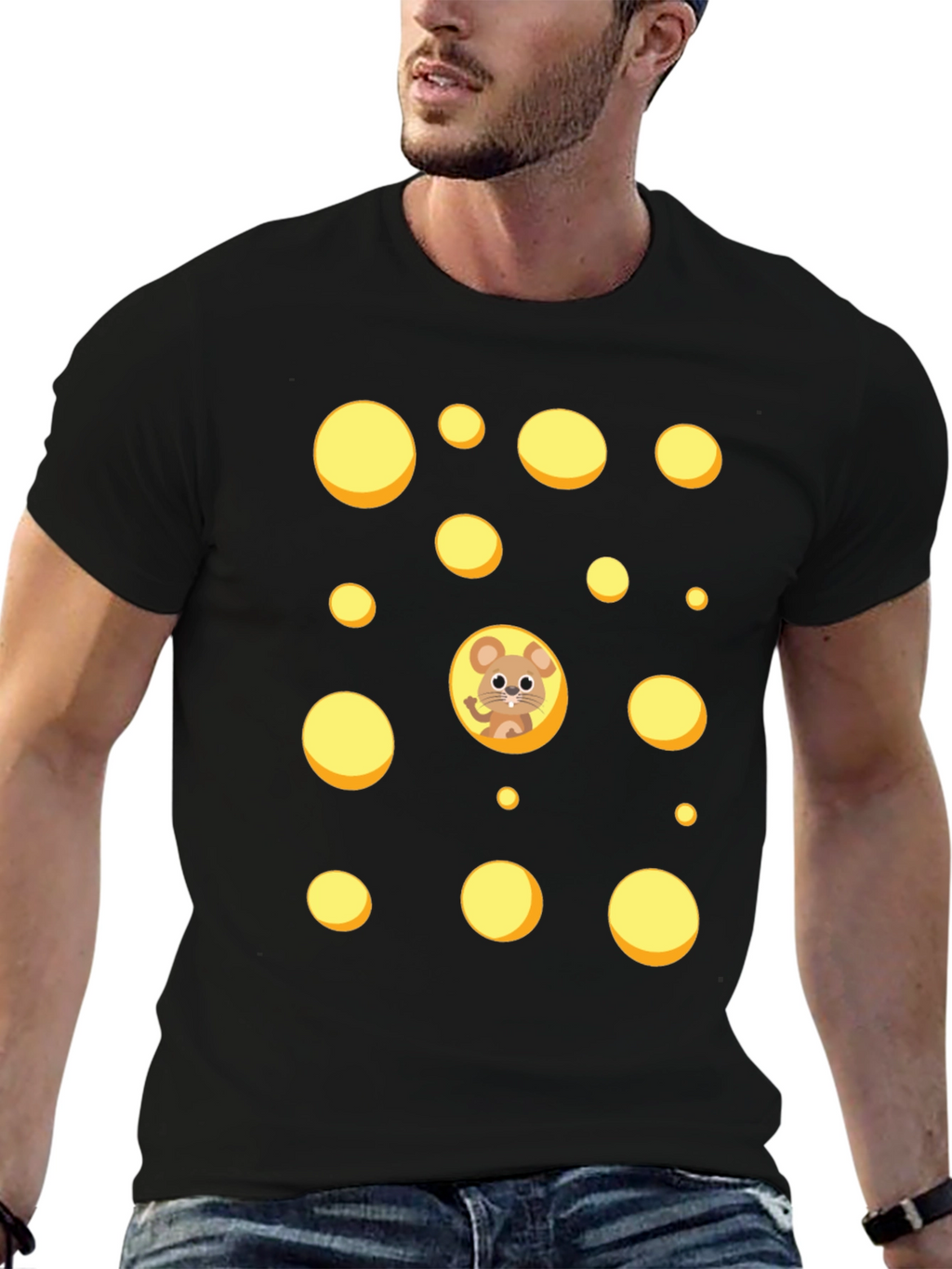 Cartoon Mouse & Swiss Cheese Holes Black T-Shirt