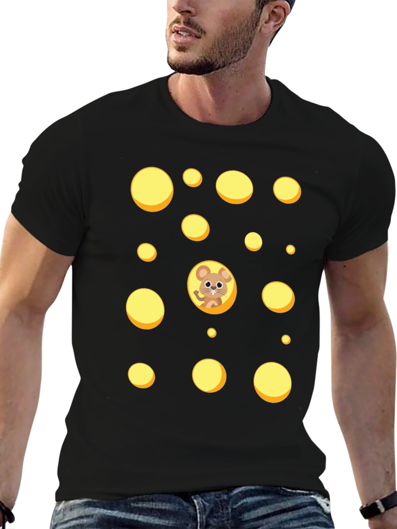 Cartoon Mouse & Swiss Cheese Holes Black T-Shirt