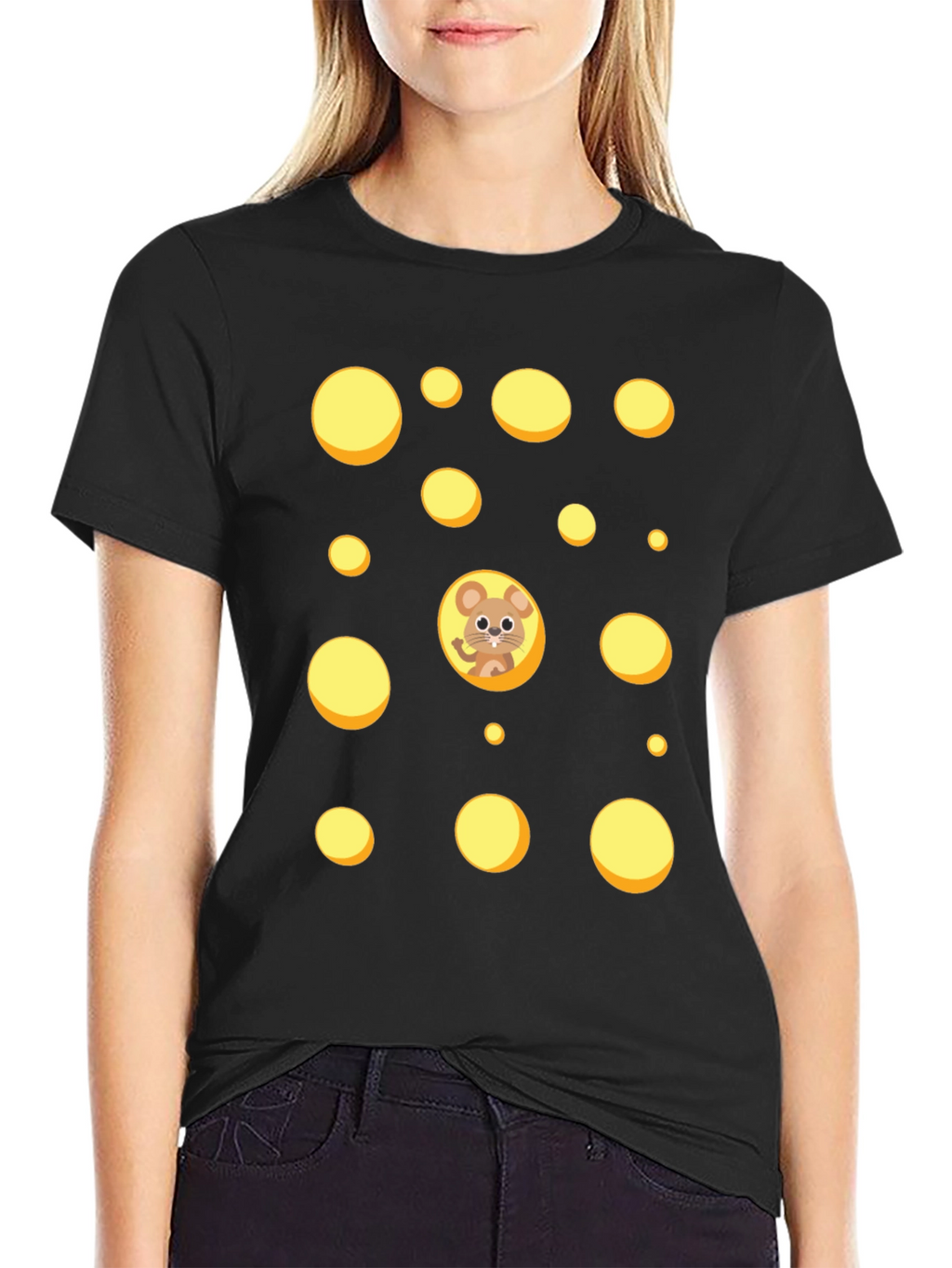 Cartoon Mouse & Swiss Cheese Holes Black T-Shirt