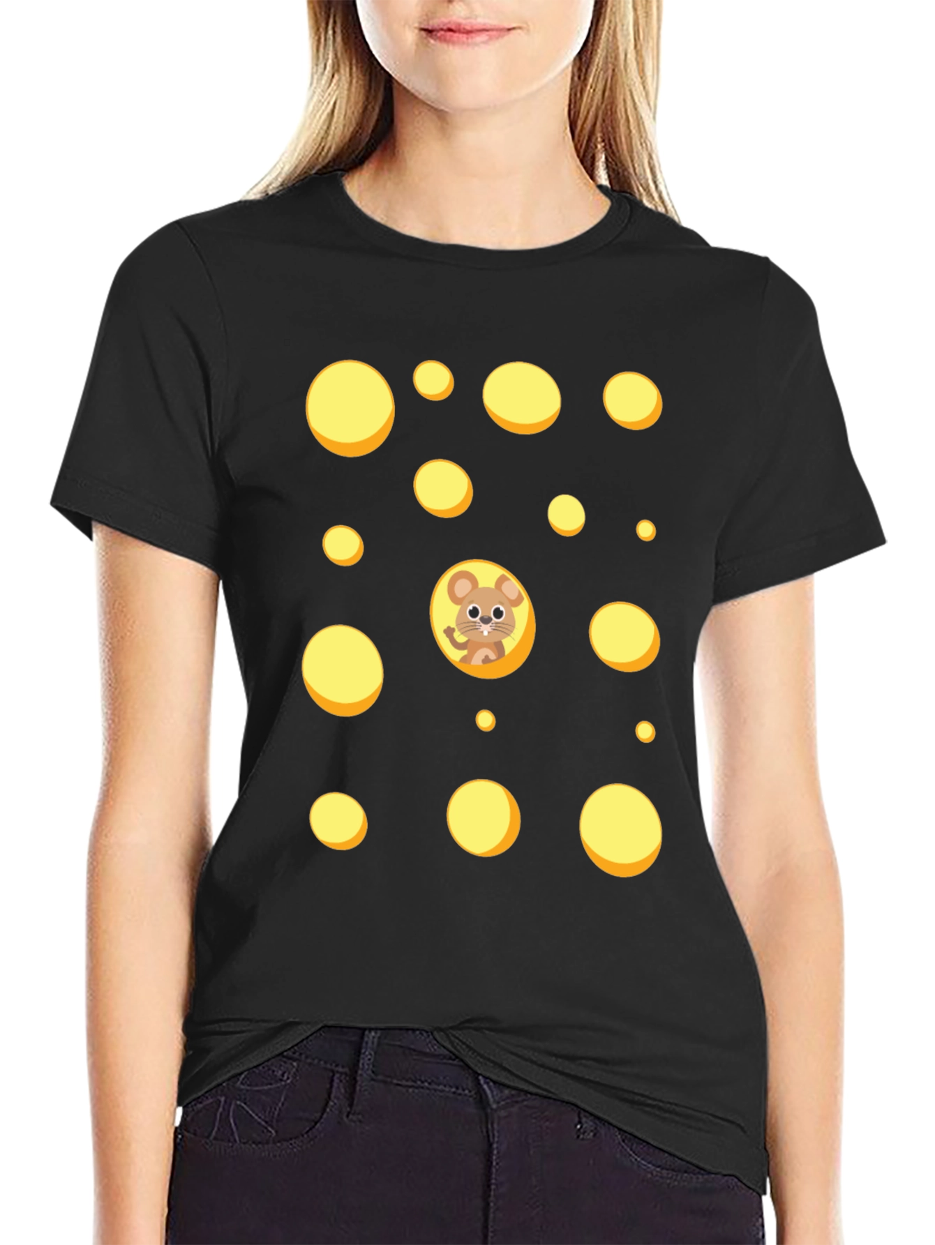 Cartoon Mouse & Swiss Cheese Holes Black T-Shirt
