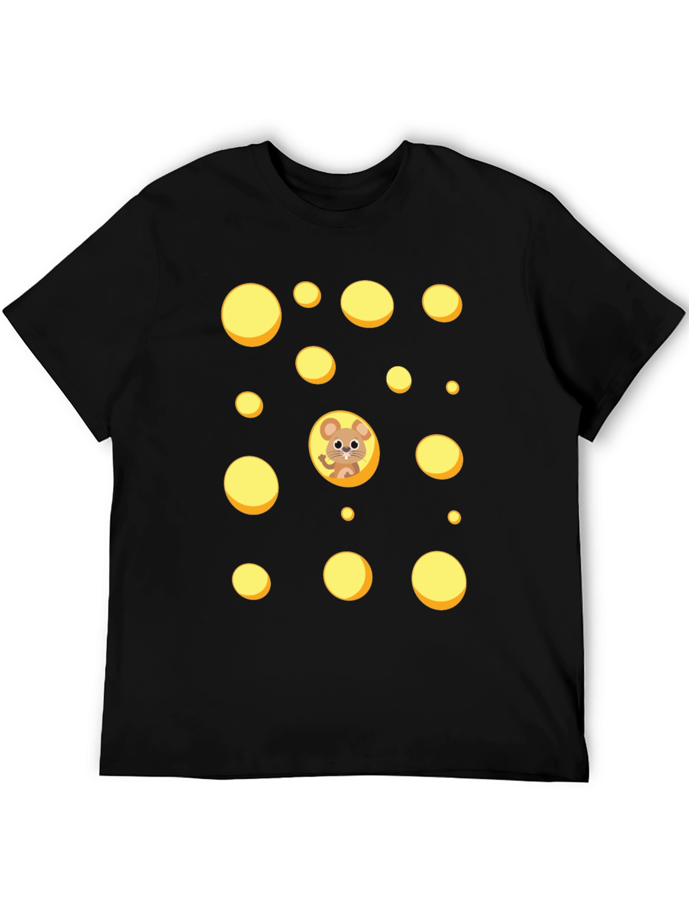 Cartoon Mouse & Swiss Cheese Holes Black T-Shirt
