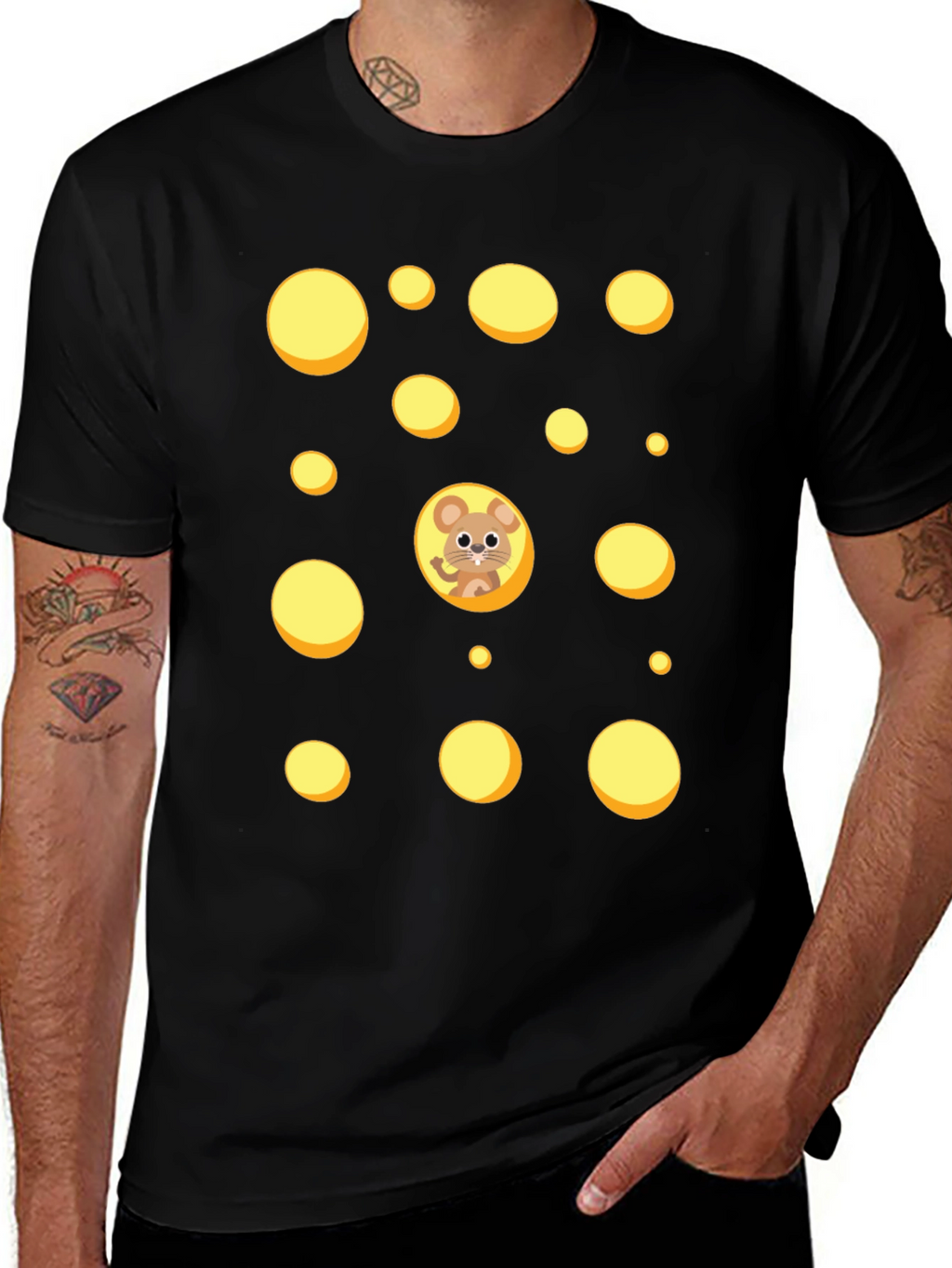 Cartoon Mouse & Swiss Cheese Holes Black T-Shirt