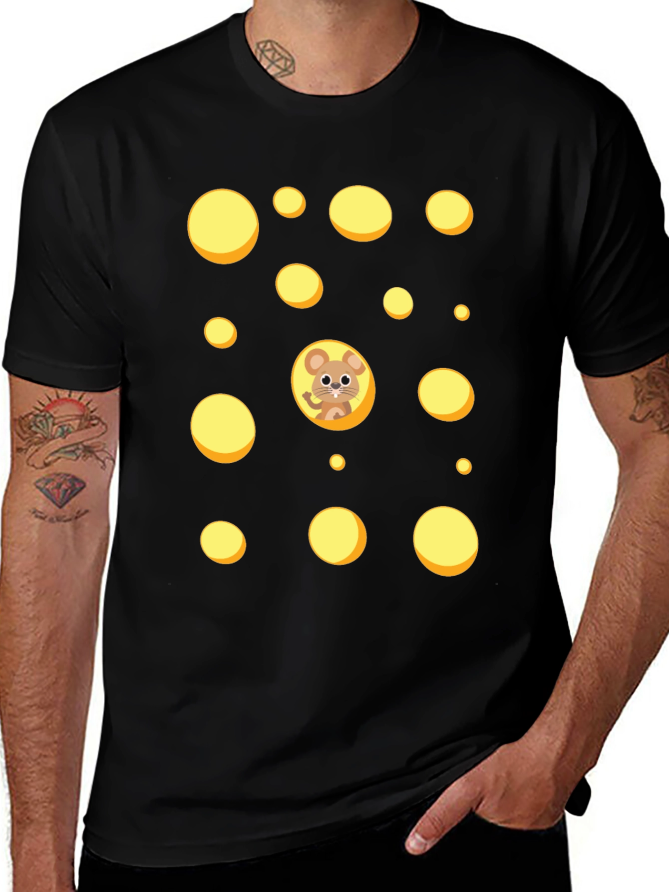 Cartoon Mouse & Swiss Cheese Holes Black T-Shirt