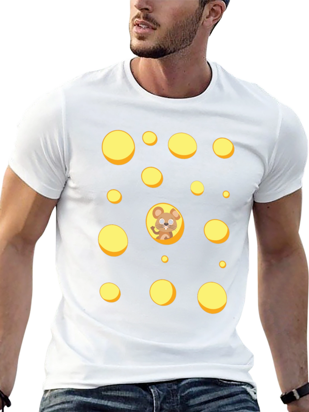 Cartoon Mouse & Swiss Cheese Holes Black T-Shirt