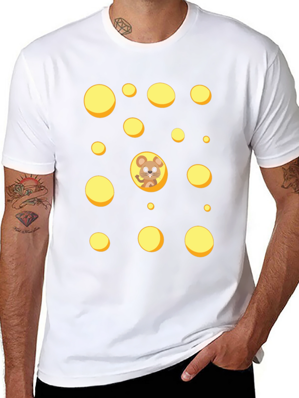 Cartoon Mouse & Swiss Cheese Holes Black T-Shirt