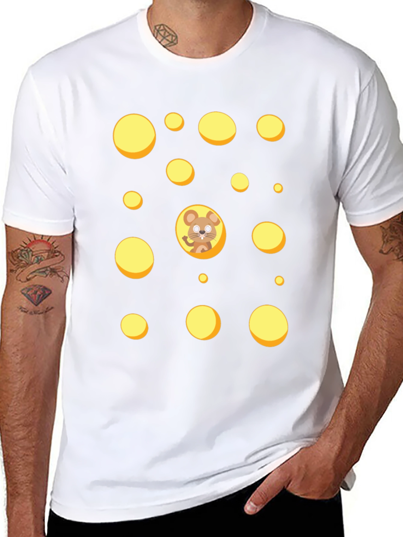 Cartoon Mouse & Swiss Cheese Holes Black T-Shirt