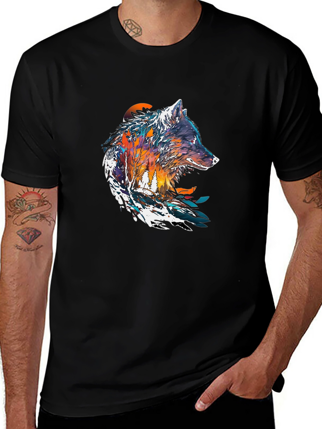 Artistic Wolf Graphic Black T-Shirt - Unique Design