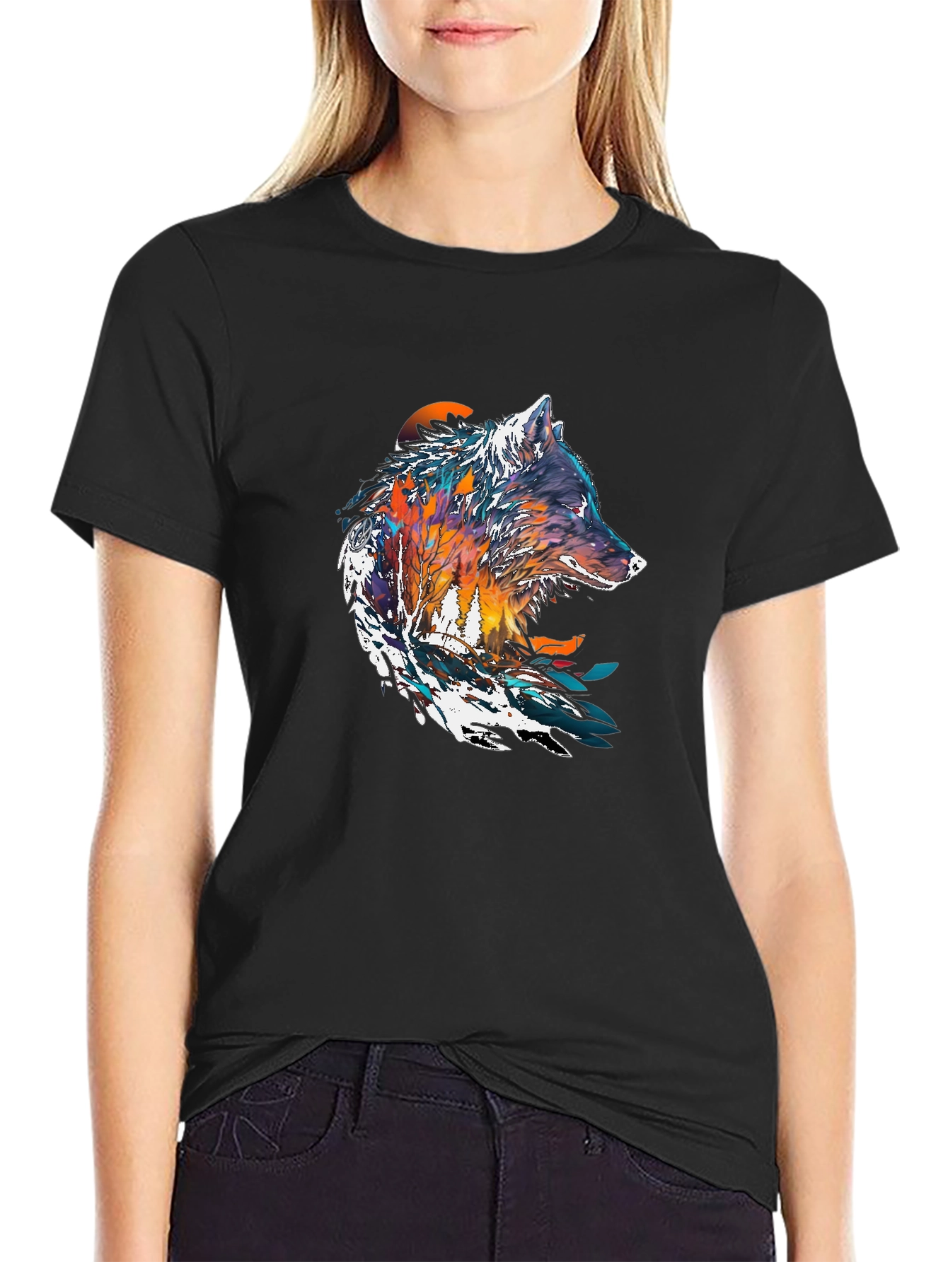 Artistic Wolf Graphic Black T-Shirt - Unique Design